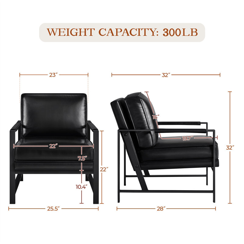 25.5" W Upholstered Armchair with Removable Seat & Back Cushion, Black Faux Leather