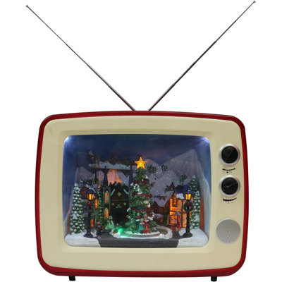 12.3"H Animated Retro TV w/ Mountain (Train & Sleigh) - LED, 8 Music, Adapter - Hand-Painted Resin