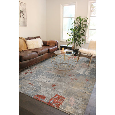 Laureno Hand Knotted Silk Abstract Area Rug in Blue