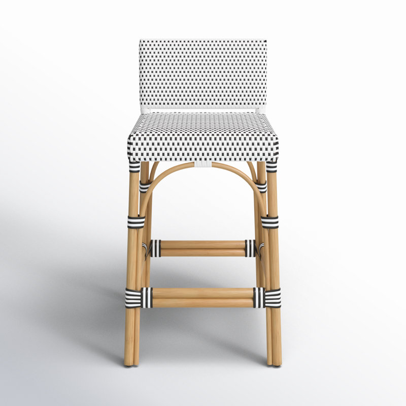 Serienna Blue & White Rattan Low Back Counter Stool, White/Black Dot, Counter Stool (24" Seat Heigh)t