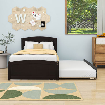 Twin Wood Platform Bed with Twin Trundle and  Headboard