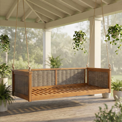 Lit balançoire double en bois massif d'extérieur classique, cadre de balançoire en rotin de jardin avec longues cordes pour la piscine, la cour arrière