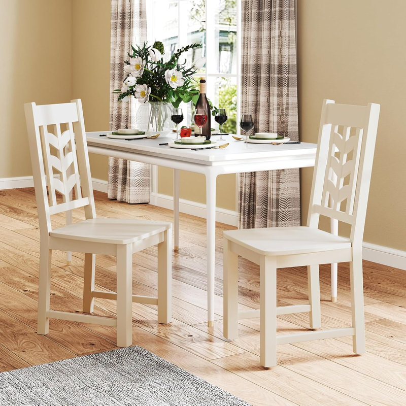 Dining Chair Set Of 2 With Rubber Wood Frame & Leaf-shape High Back For Kitchen, Cream White, 2