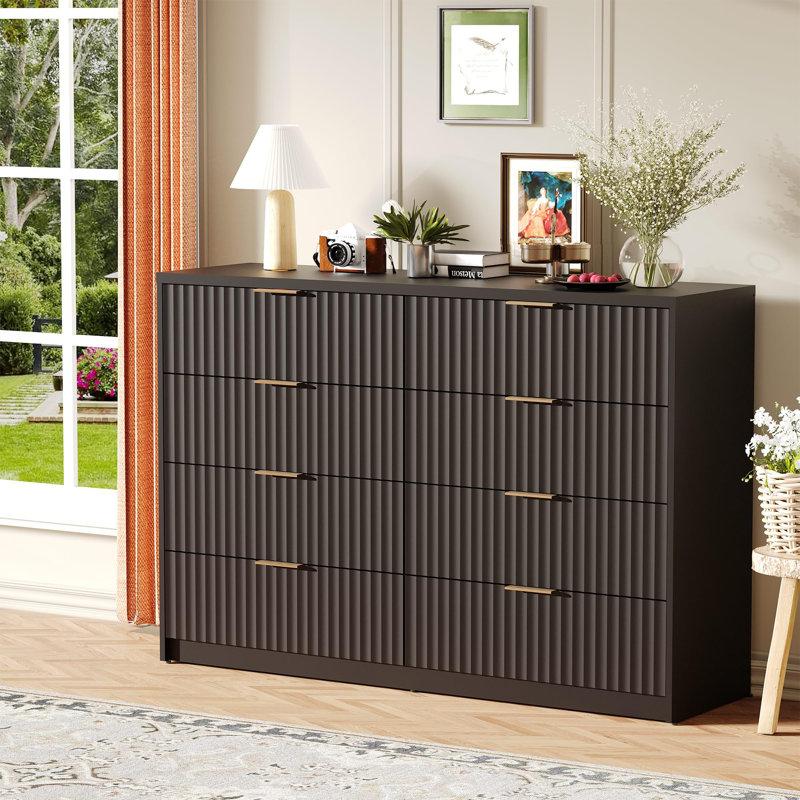 8 Drawer Fluted Double Dresser with Metal Handles, Modern Wood Storage Chest for Bedroom Entryway, Natural