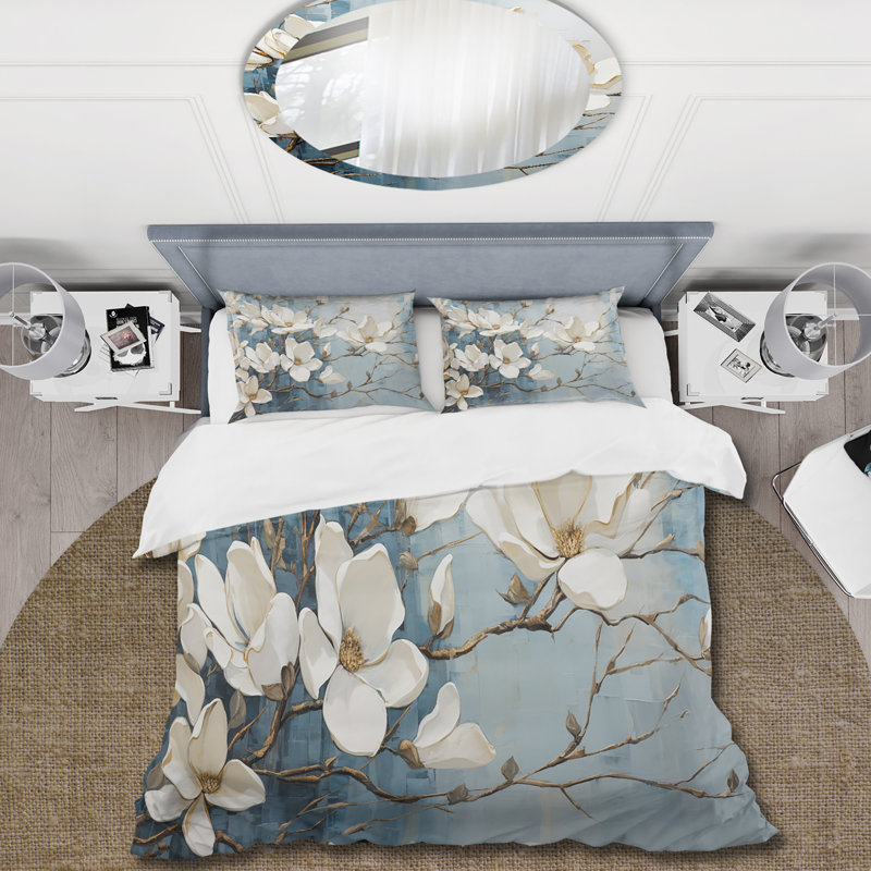 Ensemble de housse de couette floral bleu et doré peint Magnolias VI - microfibre de polyester