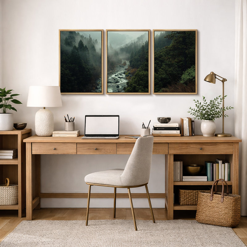"Misty Forest Landscape", "Hazy Moody Dark Green River Nature", Tranquil Panoramic Modern Rustic Woodland Wall Art