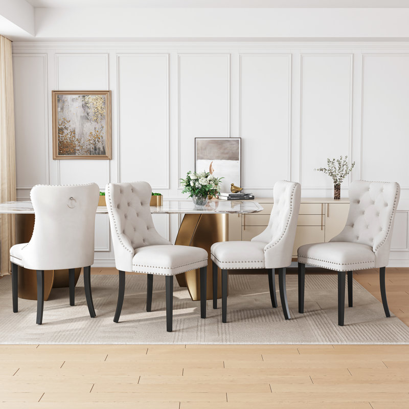 High-End Tufted Dining Chair Set, Velvet Upholstery With Nailhead Trim And Back Pull Ring, Solid Wood Legs, 4, White