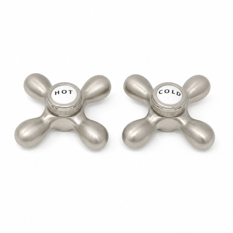 P0219 Paire de poignées à points croisés avec boutons en laiton et en porcelaine, Nickel mat