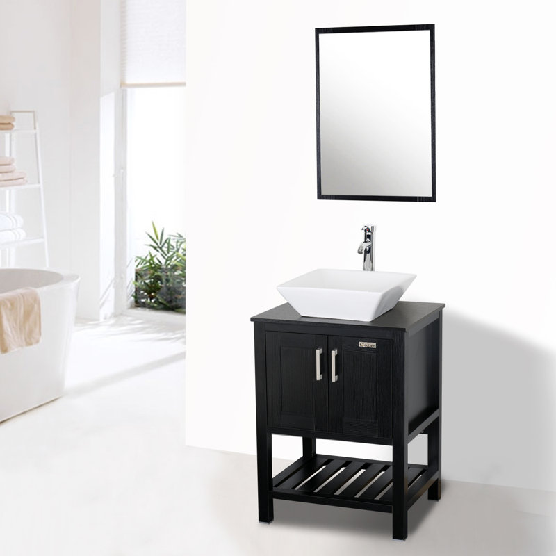 24'' Single Bathroom Vanity with Ceramic Top with Mirror, Black
