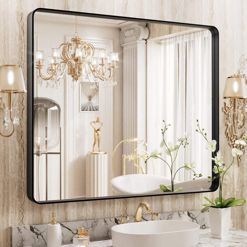 Miroir de salle de bain avec cadre en métal noir mat - Verre trempé avec coins arrondis, cadre en alliage d'aluminium durable, conception incassable, option de montage horizontal ou vertical