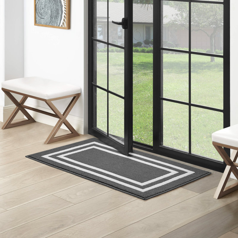 Double Border Machine Tufted Performance Dark Gray/White Rug, Rectangle 2'2" x 3'9"