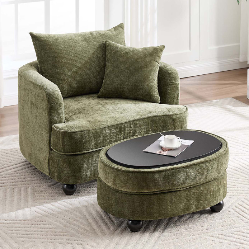 40.2 " Modern Chenille Accent Chair,comfy Reading Chair With Storage Ottoman, Green