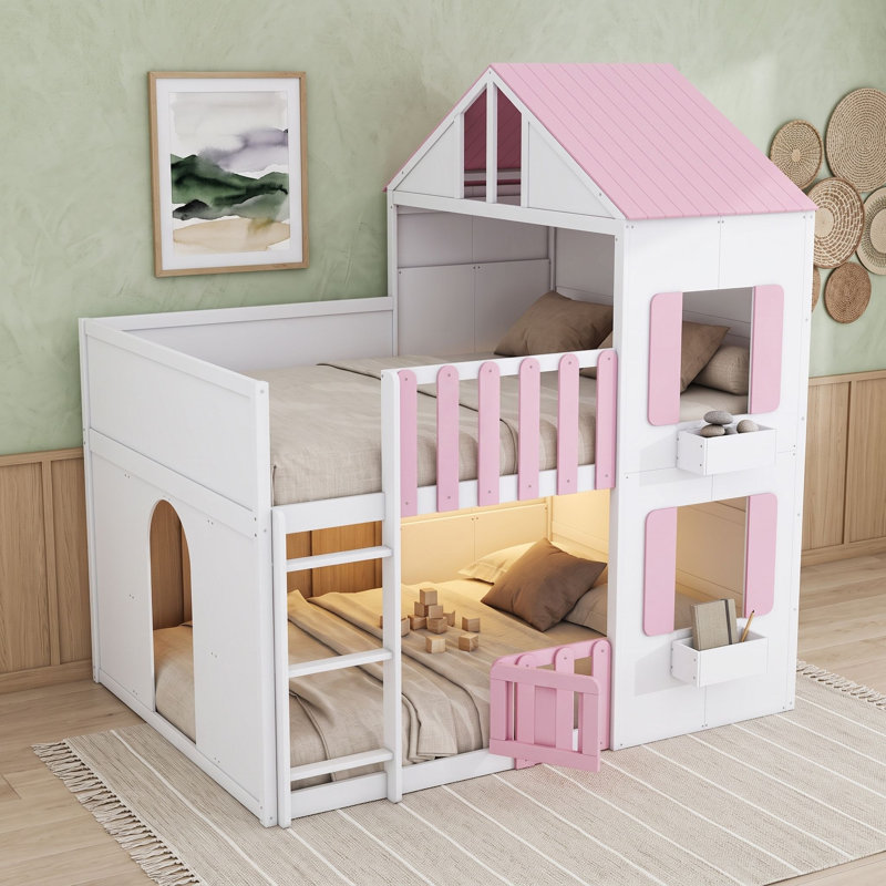 Lit superposé en bois avec tablette de rangement et barrières de sécurité, Double sur double, Rose
