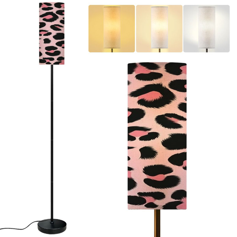  68.5" Standing Floor Lamp Seamless pale pink leopard Trendy Dimmable Metal Pole Lamp with Linen Lampshade LED Bulb Included