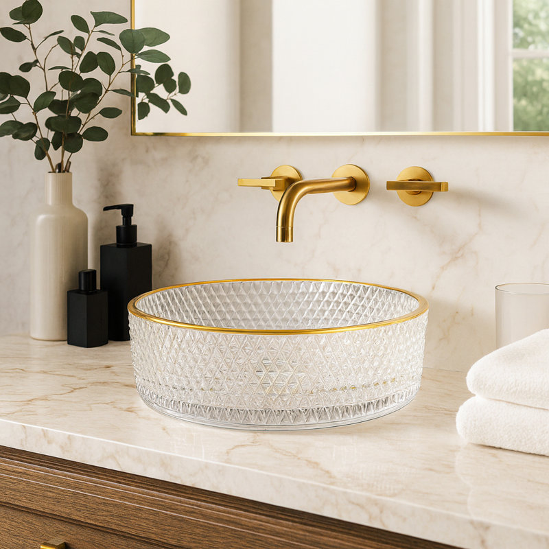 Lavabo de salle de bain rond en verre texturé 14 po Scotch - Collection Timeless, Transparent / Doré, 14"
