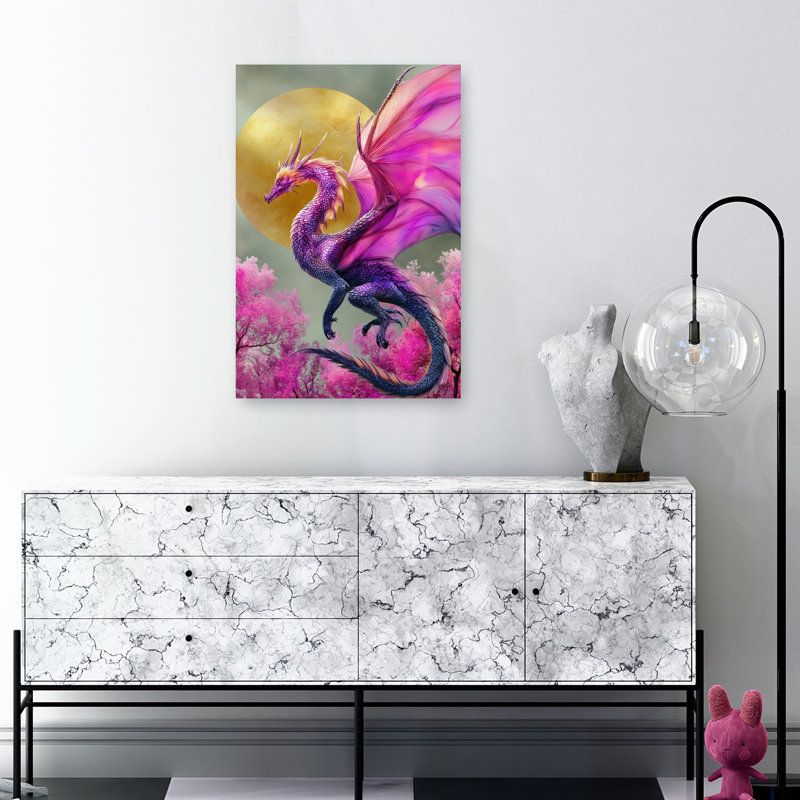 «Vibrant Dragon Golden Moon Elegant Ethereal Vibrant Cherry Animal Nature», art mural, 36" H x 24" W