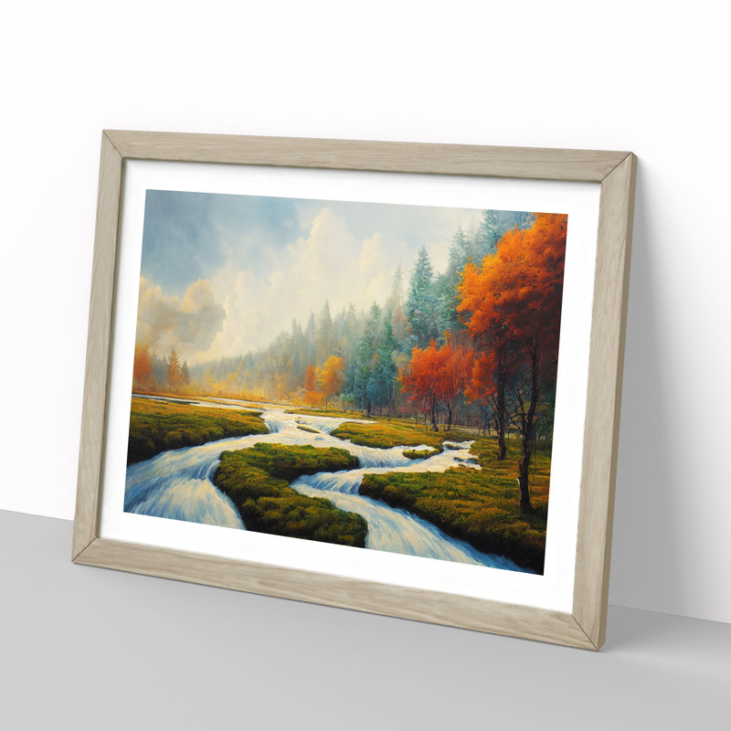 Autumn River Forest 1 Piece Single Picture Frame Wall Art, 46cm H x 64cm W x 2cm D, Oak Framed
