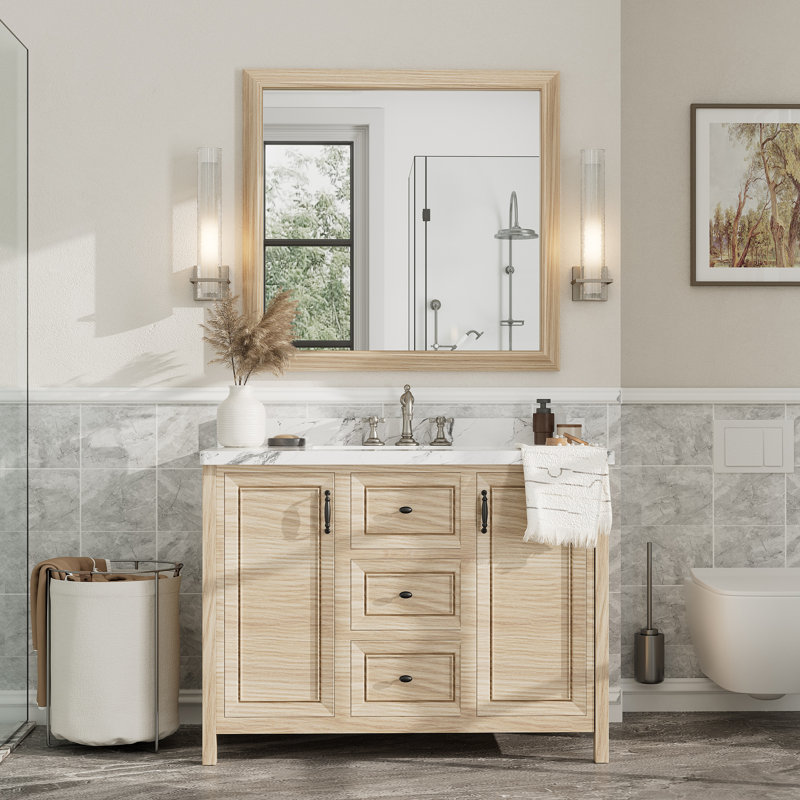 Amara Tempered Glass and Aluminum Alloy Framed French Cleat Mounted Wall Mirror, 40" x 38", Light Yellow Wood