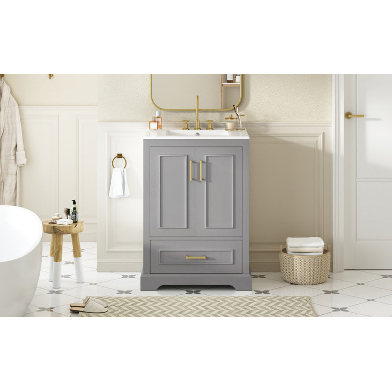 Meuble-lavabo 24 po avec lavabo, armoire en panneau de fibres à densité moyenne avec cadre en bois massif, 1 tiroir divisé et 2 portes à fermeture douce avec double tablette sur la porte, meuble-lavabo autoportant