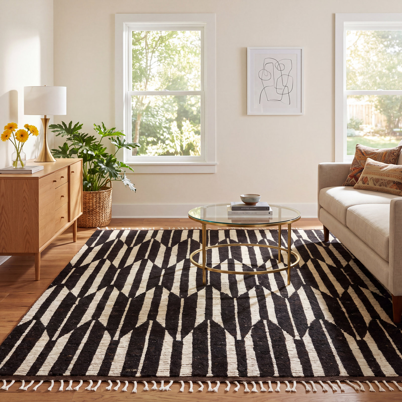Wesler Dark Brown Ivory Hand-Knotted Wool Rug, Rectangle 6' x 9'