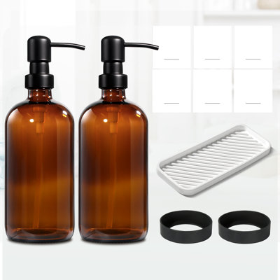 Kitchen Soap Dispenser Set with Tray and Sleeve, 2 Pack 16 Oz Hand and Dish Soap Dispenser Set, Amber Glass Bathroom Soap and Lotion Dispensers with Stainless Steel Rustproof Pump, Liquid Soap Pump Bottle