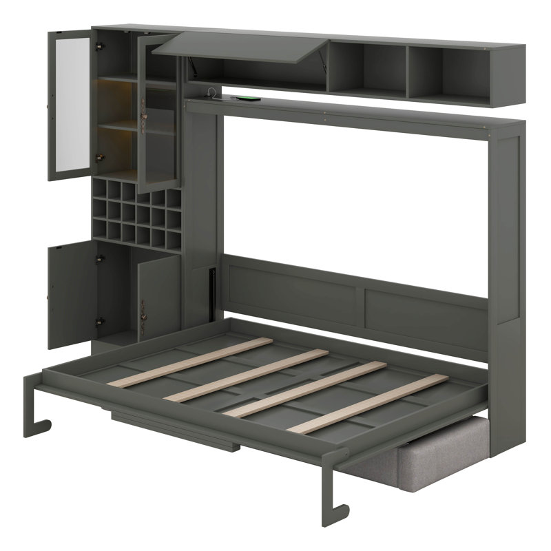 Grand lit escamotable mural avec canapé, tablettes USB et lumière, Gris