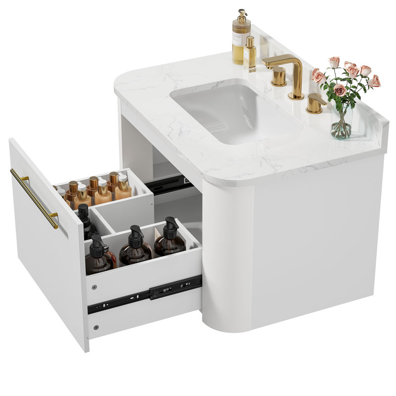 Meuble-lavabo mural simple flottant 30 po avec plateau en pierre reconstituée, 30 po, blanc