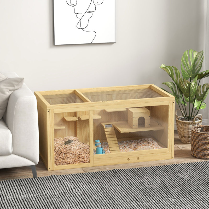 Cage en bois pour hamster - grande, multicouche, avec balançoires à bascule, bouteille d'eau, plateau coulissant, plateau ouvert pour les hamsters nains et extra