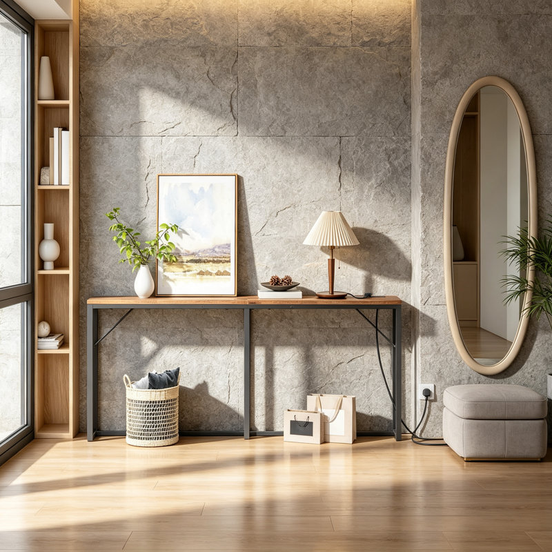 Narrow Console Table with Charging Station 180 cm Long Sofa Table with Adjustable Feet Metal Frame Rustic Brown and Black 20 cm D