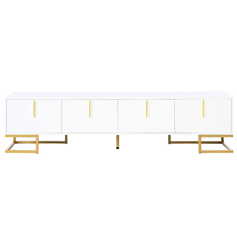 Meuble télé blanc et doré avec pieds réglables en métal, console à tablettes géométriques 80 po