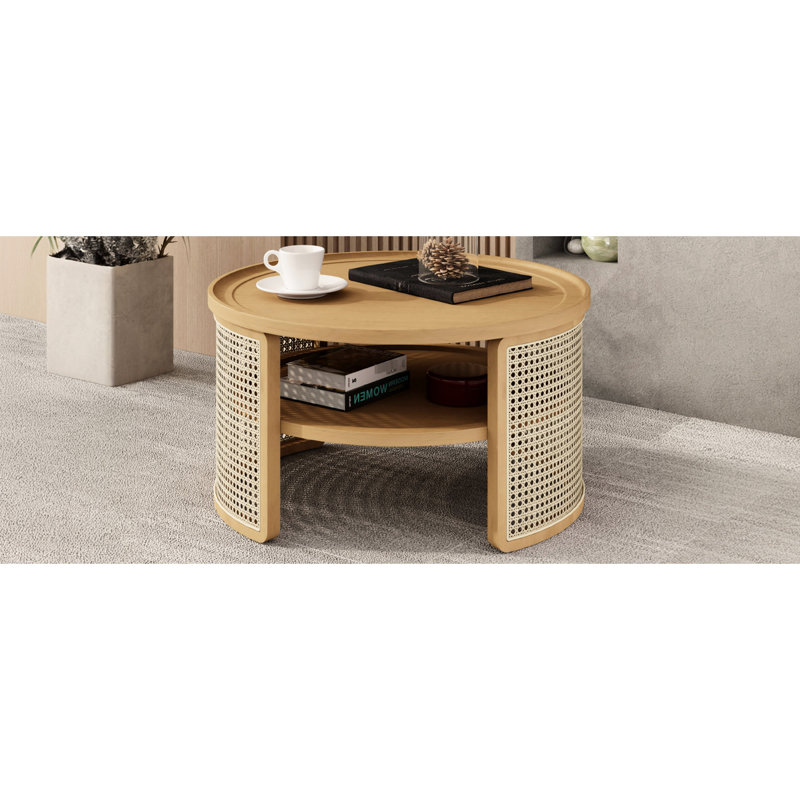 Table basse ronde à 2 niveaux en bois naturel et rustique Grace, espace de rangement spacieux, construction stable, tablettes à bord arrondi, charme moderne de 31,3 po,