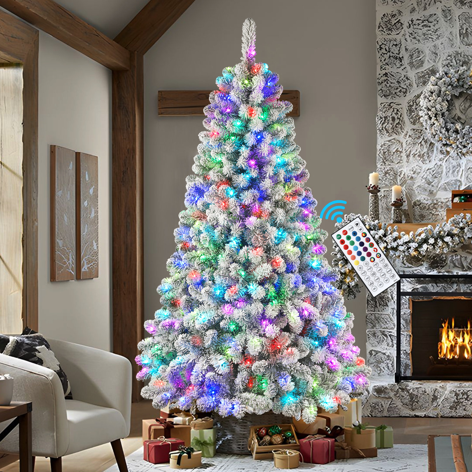 The Holiday Aisle® Pre-Lit Snow Flocked Christmas Tree With Remote, Warm White & Multi-Color Lights & Reviews | Wayfair