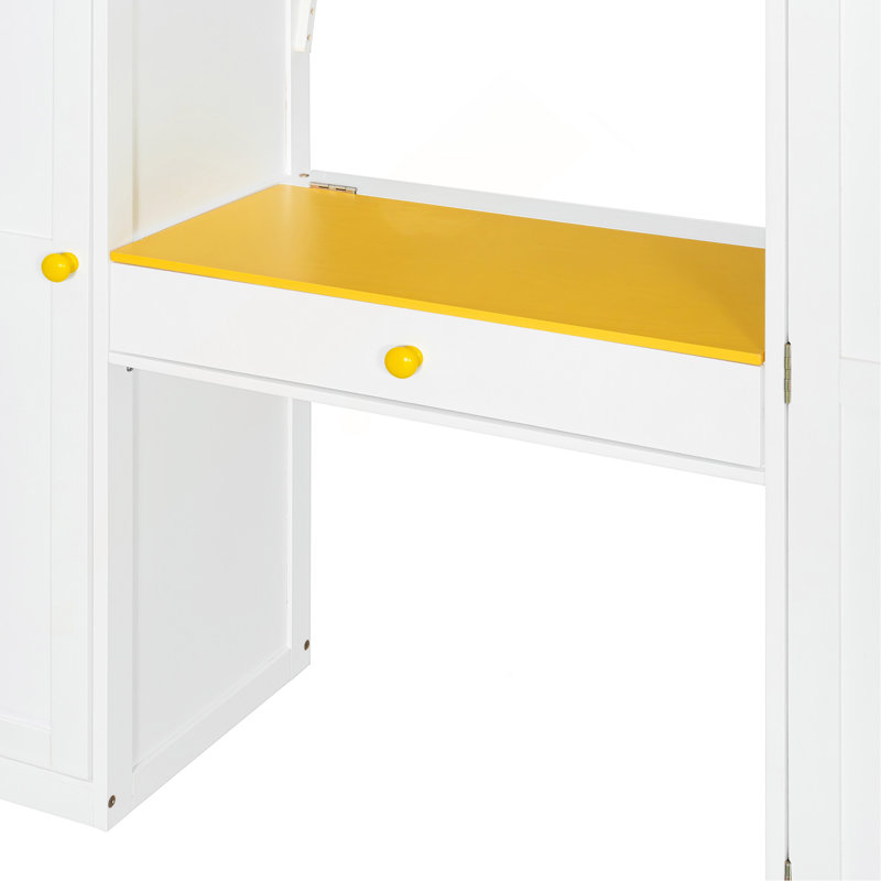 Lit mezzanine double avec escalier de rangement, coiffeuse intégrée avec miroir et tiroir, garde-robe et armoires, ports et lumières de chargement USB