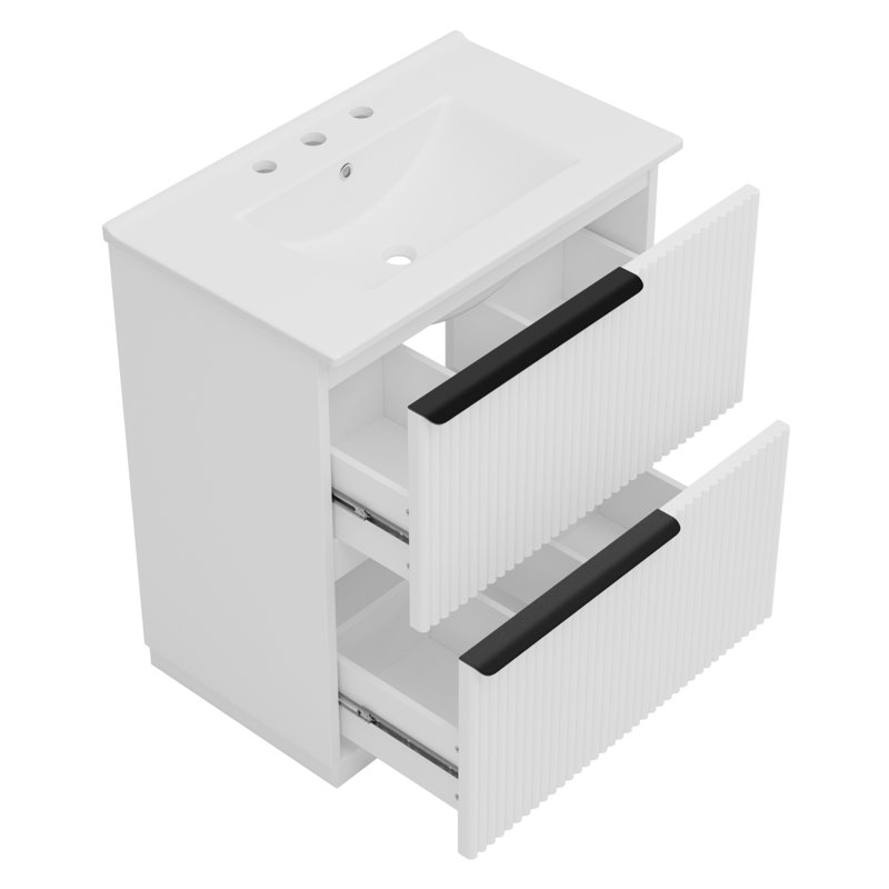 30" Bathroom Vanity In White Shade, Extension Drawers, And Thoughtful Interior Partition Featuring Ceramic Sink, Partitioning, -Proof Structure