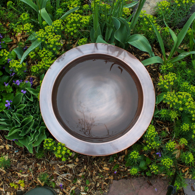 18" Antique Copper Birdbath with Wrought Iron Stand