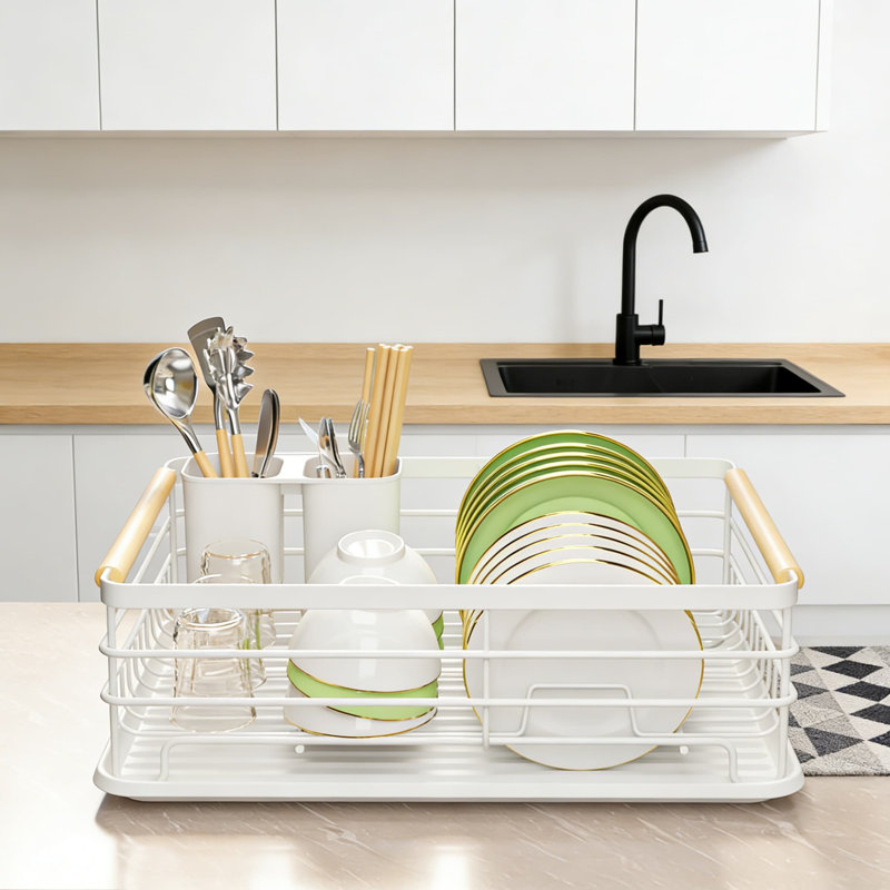 Égouttoir à vaisselle pour comptoir de cuisine - poignées en bois, métal durable, sans assemblage, petit, blanc