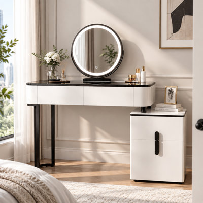Vanity Desk With Led Lighted Mirror, Makeup Table with 4 Drawers, Dresser Table for Bedroom, White and Black（small）