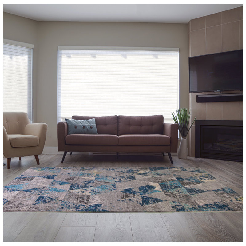 Bleu sarcelle géométrique/tapis décoratif gris Crossett, Rectangle 6 pi 5 po x 9 pi 5 po