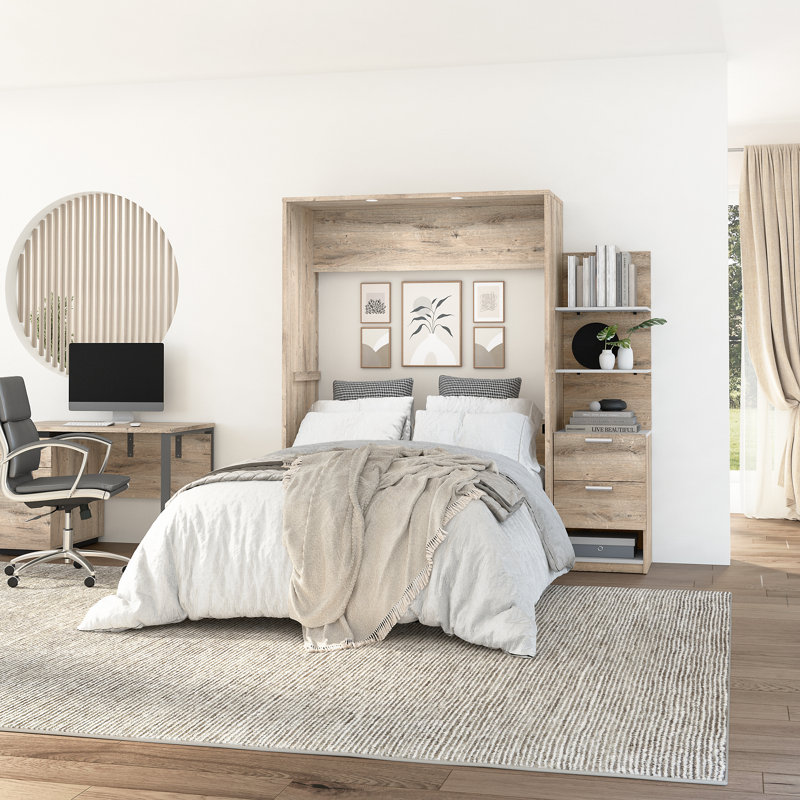 Lit escamotable avec rangement et table de chevet Osterman, Double, Brun rustique / Blanc