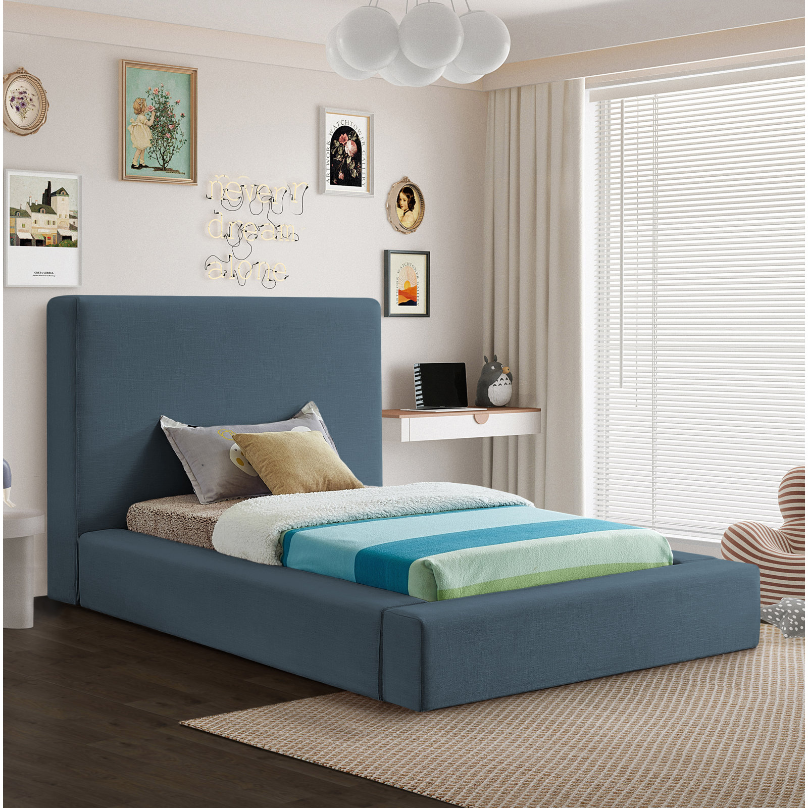 Ishia Velvet Upholstered Bed, Twin, Navy Linen
