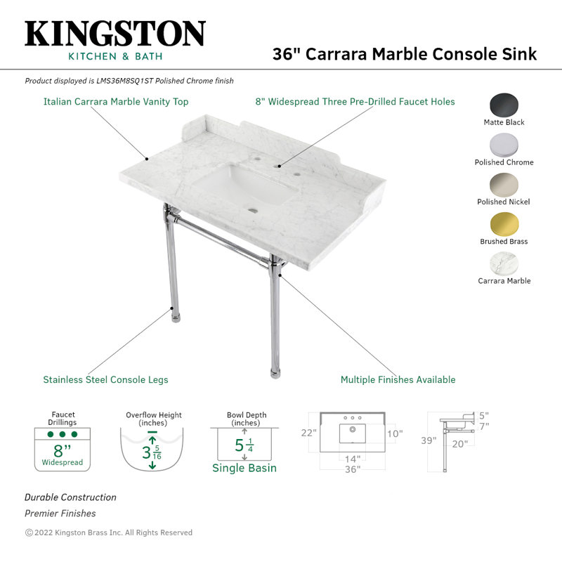 Évier de console en laiton Carrara de 36 po avec pieds en acier inoxydable, marbre blanc / nickel poli Kingston LMS36M8SQ6ST Kingston