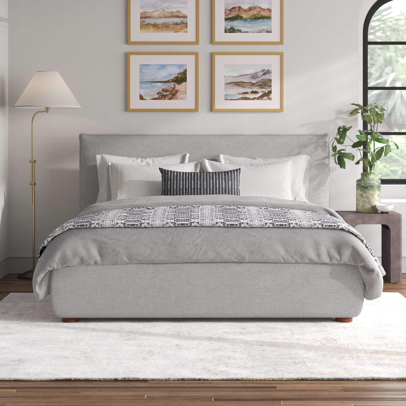 Timothy Upholstered Low Profile Platform Bed, King, Gray Basketweave, 45.5