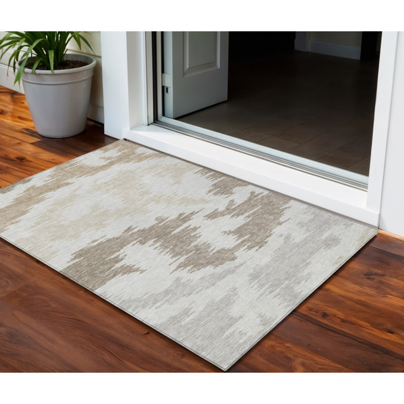 3' X 5' Ivory Beige And Brown Abstract Washable Indoor Outdoor Area Rug
