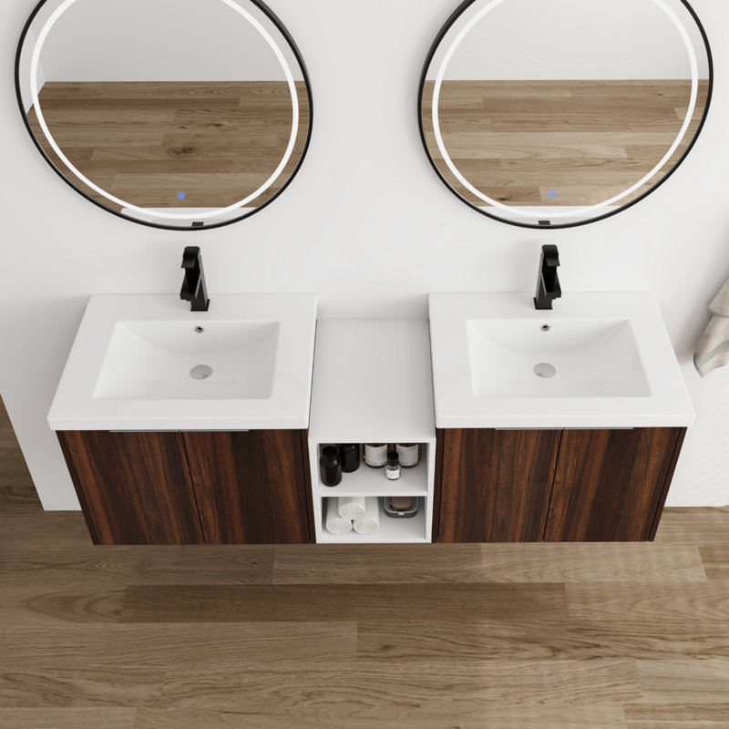 Double Bathroom Vanity With Resin Vanity Top, Brown, 60"