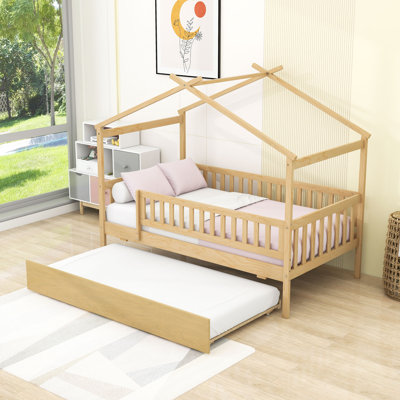 Twin Wooden House Bed With Twin Trundle And Guardrails