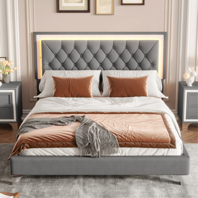 Queen Size Upholstered Bed Frame With LED Lights,Modern Velvet Platform Bed With Tufted Headboard, Gray