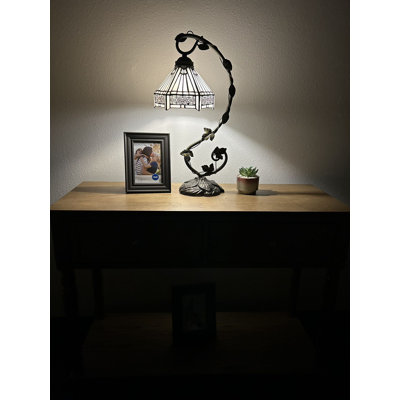 Lemberg Tiffany Style Table Lamp White Stained Glass Hexagon Iron Metal Leaves 11"W*8"D* 21" H
