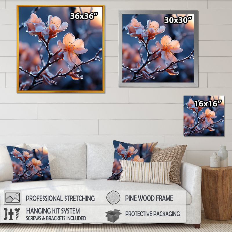 Hiver, fleurs de cerisier Blossoum IV - plantes et fleurs, art mural, Cadre flottant blanc, H 30 po x l 30 po