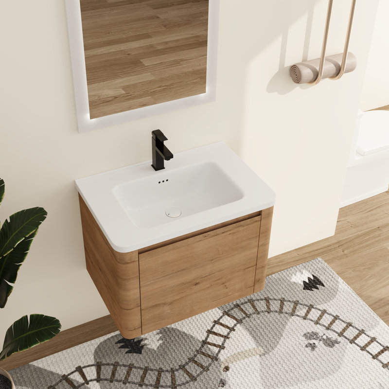 Narnby 28'' Wall-Mounted Single Bathroom Vanity With Ceramic Top, Beige, 28"