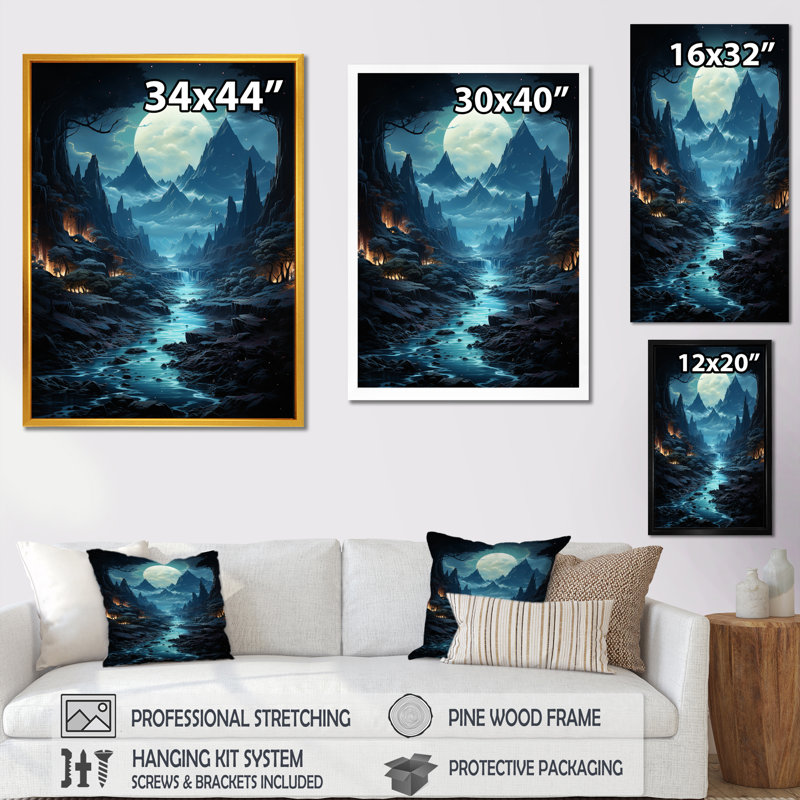 Blue Moon Mountain Landscape - impression, Cadre flottant blanc, H 20 po x l 12 po x P 1 po